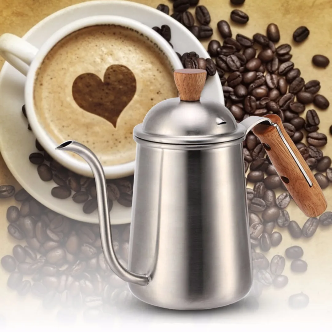 JX-LCLYL Stainless Steel 650ML Tea Kettle Drip Coffee Pot Pour Gooseneck Wood Handle
