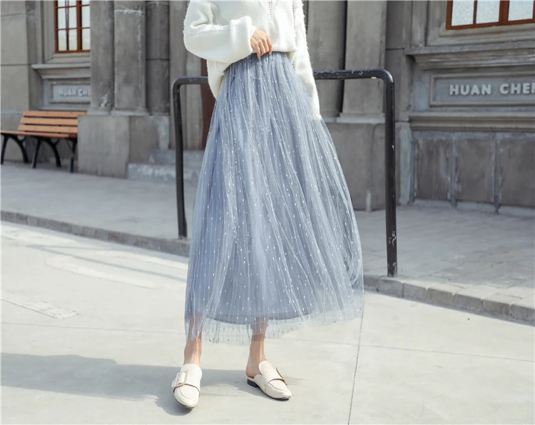 Colorfaith 2019 Frauen Casual Mesh Ausgestelltes Perlen Lange Tutu Rock Frühling Sommer Gefaltete Süße Ballkleid Hohe Taille Weibliche SK7109
