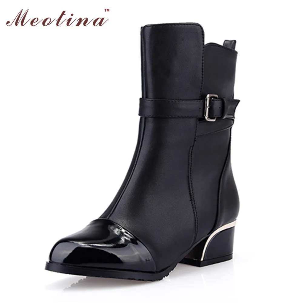 

Large Size 9 10 43 Shoes Women Boots Pointed Toe Square Mid Heels Solid Buckle Mid Calf Boots Ladies Shoes Black Red Blue