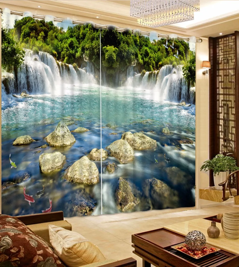 Fashion Customized Waterfall Scenery Curtain Stone Green Curtain Blue