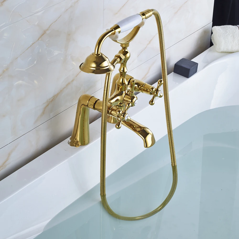 

Uythner Big Discount Golden Finished Bathtub Shower Faucets Mixer Dual Handles Deck Mounted