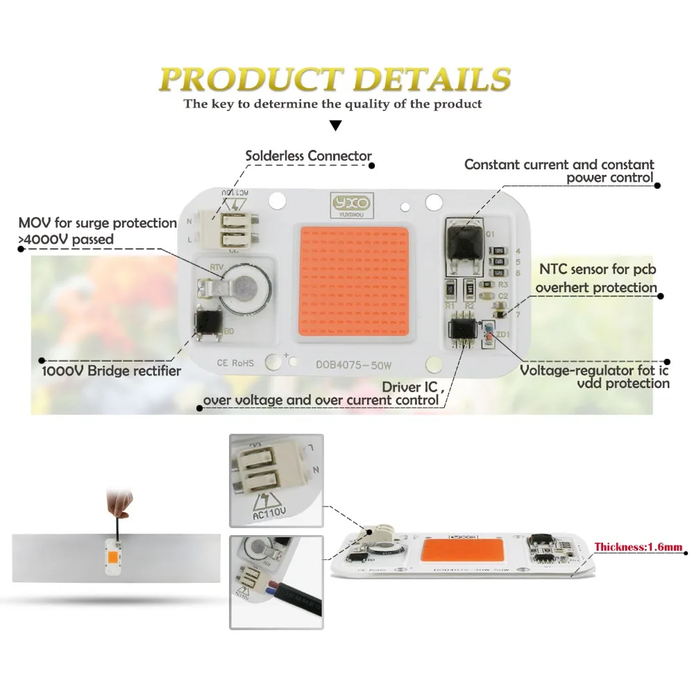 Solderless светодиодный DOB чип лампа 50 Вт AC 110 В IP65 Smart IC Fit без водителя COB светодиодный для DIY светодиодный прожектор холодный белый теплый белый синий