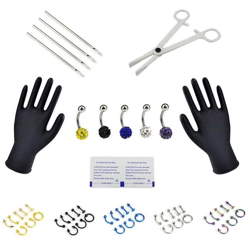 

1 set Body Piercing Kit 16G and 14G Jewelry Tongue Tragus Ear Eyebrow Nipple Lip Nose tool
