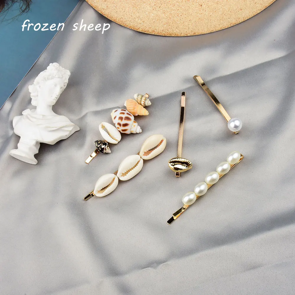 

frozensheep 5pcs/set summer beach Conch Shell Hair Clips sets For Women Pearl Barrettes Hairpin Hair Clip Girls hair accessories
