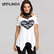 VESTLINDA, кружевная футболка с вырезом в виде сердца, женская летняя футболка, новинка, модная футболка с коротким рукавом, топы, футболки, одежда