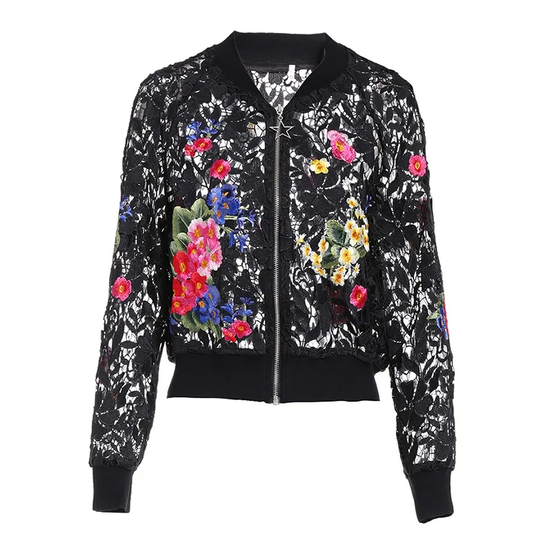 High quality hollow out baseball jackets women 2019 spring summer embroidered floral jackets women's short coat G145
