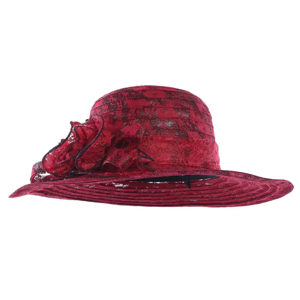 WELROG, Женская кружевная церковная шляпа, с большим цветком, флоппи, летние шляпы для женщин, Пляжная Панама, дышащая шляпа, солнцезащитный козырек, Женская кепка, шляпы - Цвет: wine