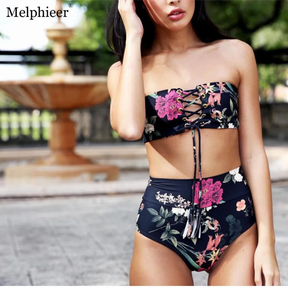 

Melphieer 2018 New Lady Beach gold lock Bathing Suit Women Swimwear Sexy Print Bandage Brazilian Bikini High Waist Swimsuit BMJ
