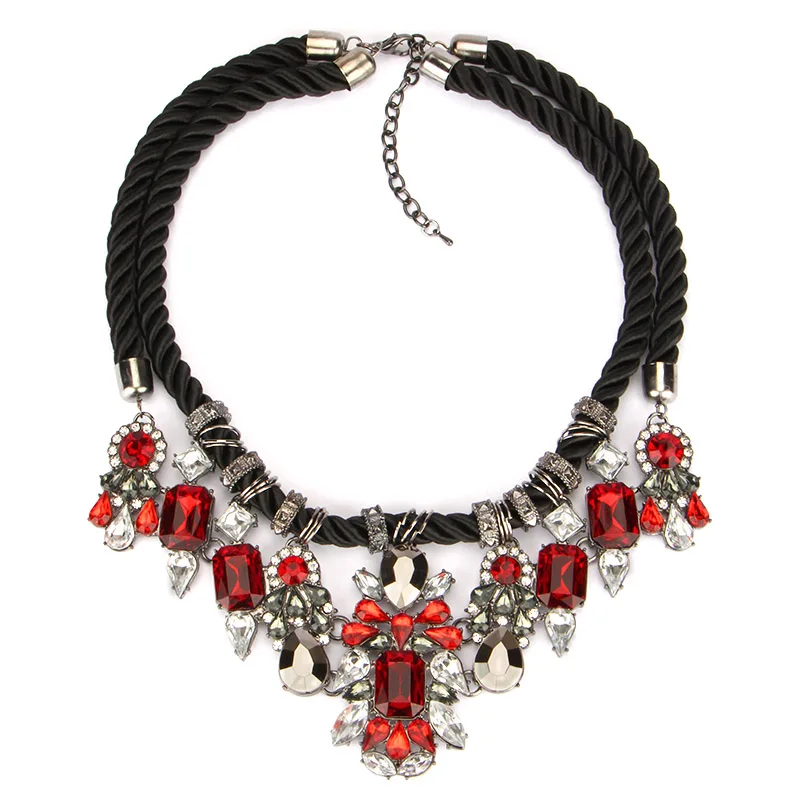 OSHUER дизайн Горячая Распродажа модные аксессуары Черная веревка многоцветное ожерелье со стразами ретро массивные украшения - Окраска металла: red