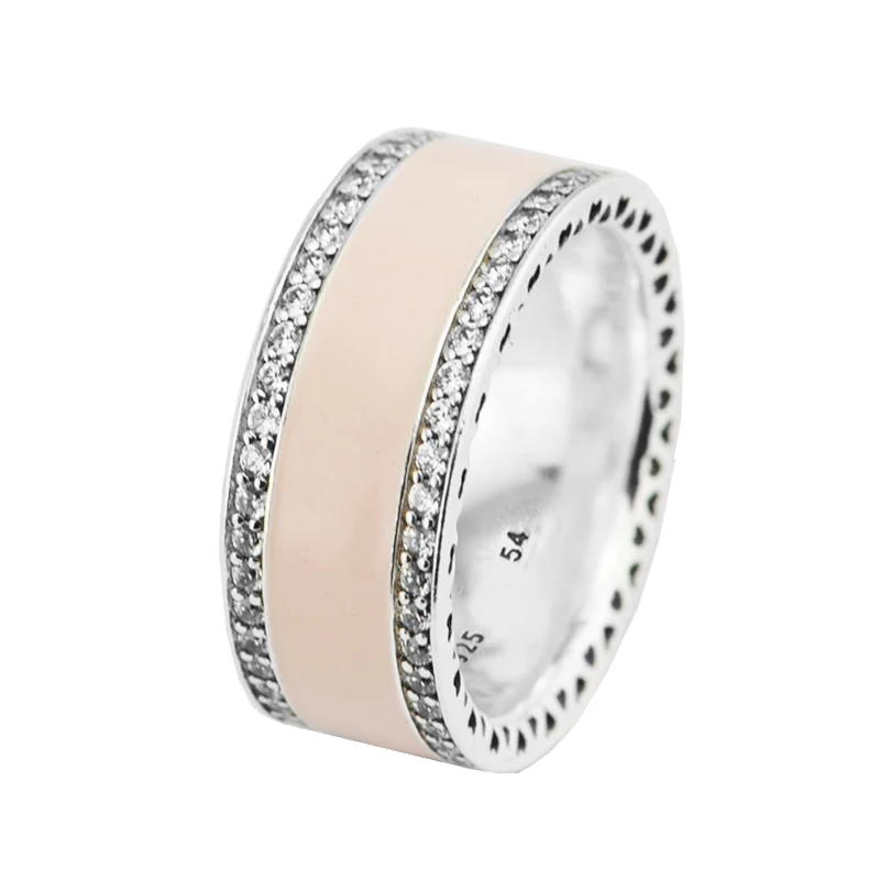 

925 Sterling Silver Trendy Wide Band with Sparkling CZ Silver Rings for Women Jewelry Smooth Pink Enamel Signature Cut-out Hear