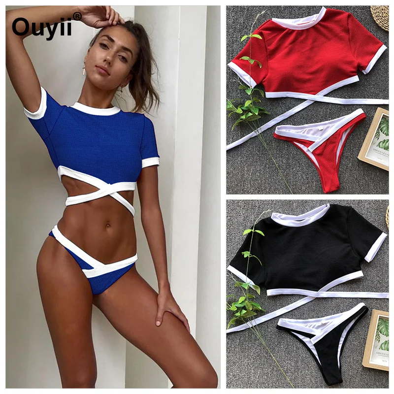 

2019 Sexy New Bikini i Split Swimsuit Ladies Low Waist Solid Color Short Sleeve Sports Style Bikini Summer Fashion Swimwear