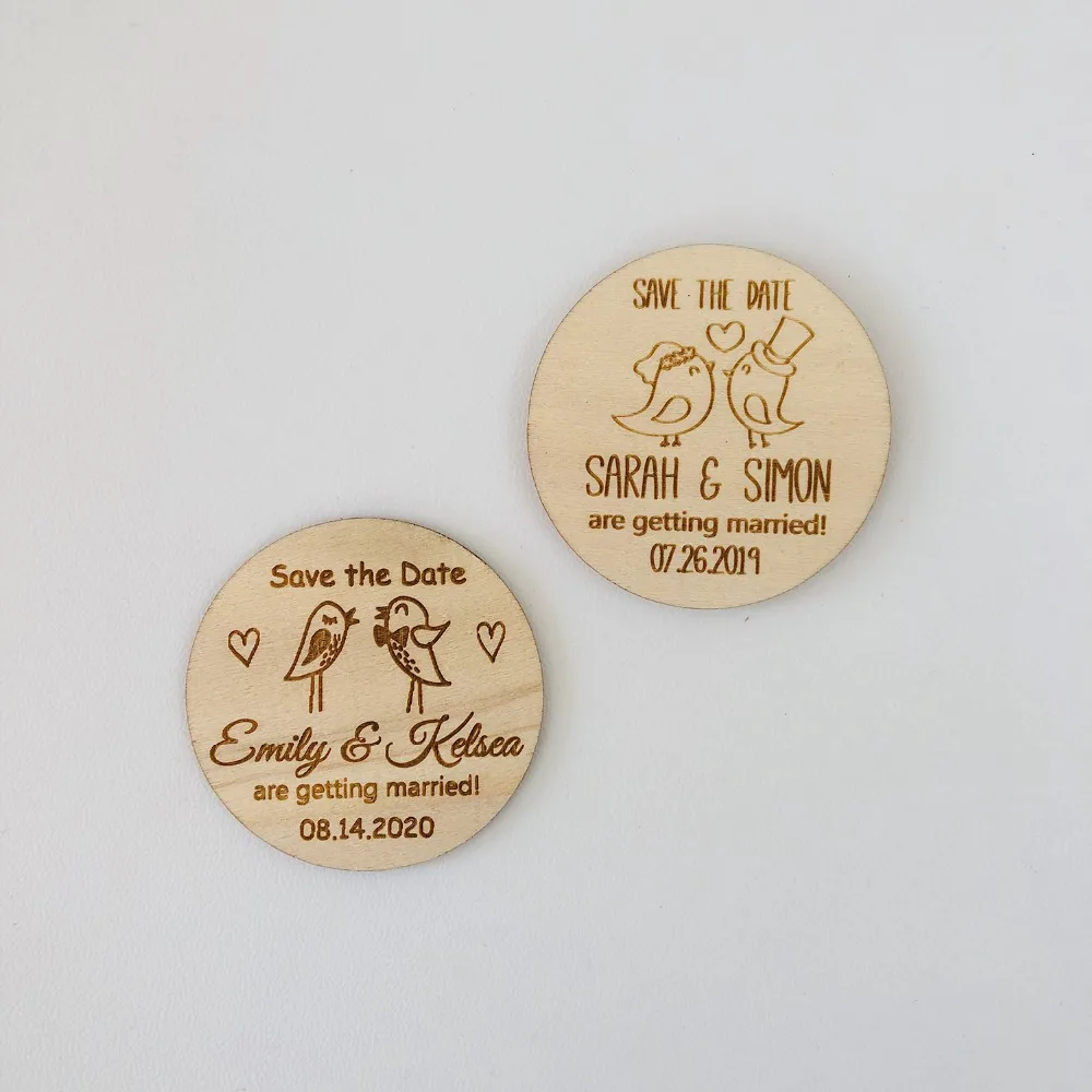 

50x Custom Engraved Wedding Save The Date Magnets Wedding Invitation Personalized Wood Save The Date Fridge Magnet 60*60*3mm