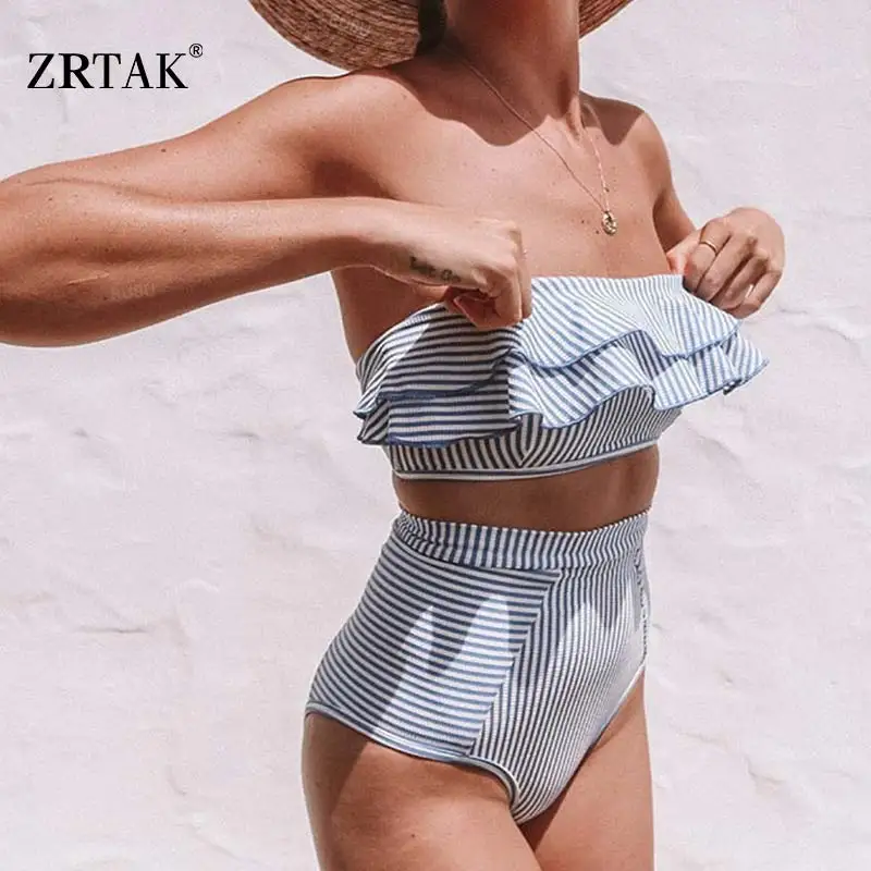 

Zrtak Vertical Stripes Push Up Bikini Female Bandeau Swimwear Women Bathing Suit Elegant Swimsuit Beach High Waist Bikini Set