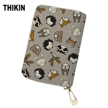 

THIKIN Cartoon Fox Bear Owl Deer Rabbit Cute Animals Pattern Print ID Card Holder Women Wallet for Credit Cards PU Leather Box
