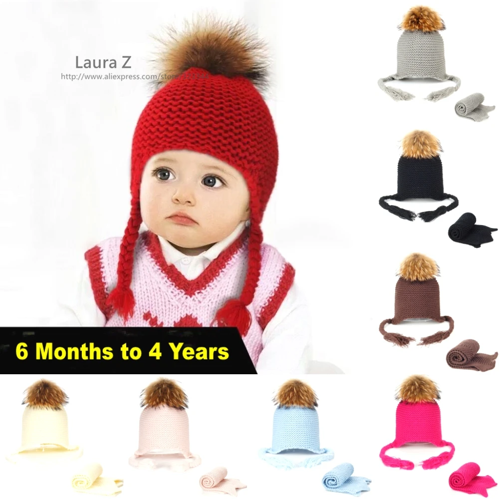 

LAURASHOW Baby Knitted Hat Raccoon Mink Fox Fur Ball 15 cm Kids Cap Winter Warm Scarf Pom Girl Boy Bonnet Gift