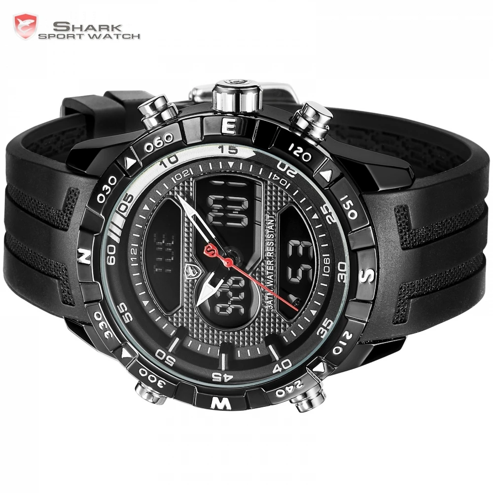 Hooktooth SHARK Alarm Auto Date Cool Men Clock Black Silicone Strap Band Analog Digital Display Chronograph Sport Watches /SH597
