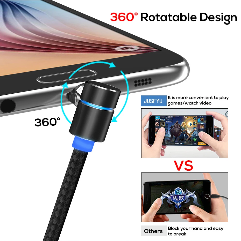 L type 360 СВЕТОДИОДНЫЙ Магнитный зарядный кабель для iPhone XR XS MAX X 8 7 6 Plus, магнитное зарядное устройство для мобильного телефона, кабель Micro USB type-C