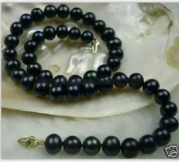 

classic 18inch9-10mm round Tahitian round black blue pearl necklace 14k