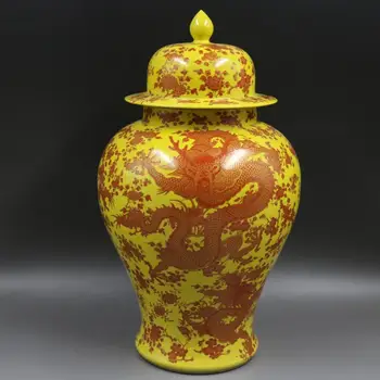 

Antique QinggDynasty porcelain Pot,Yellow ground red color general tank,Hand-painted crafts,Decoration,Collection&Adornment