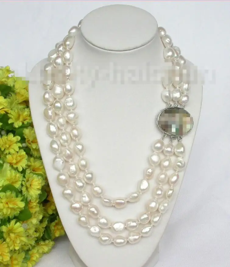 

Free shipping hot sale Women Bridal Wedding Jewelry >>3row 13.5mm baroque white pearls necklace abalone j7646