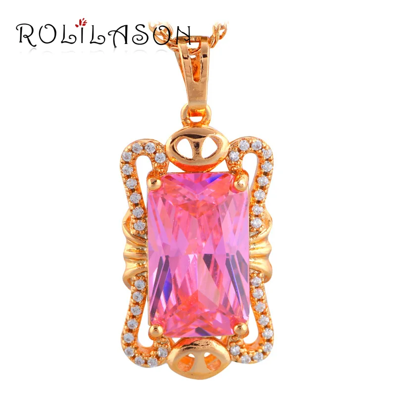 

ROLILASON New Designer Brand Romantic Pink Zircon Gold Tone Fashion Jewelry Pendant for Lover LNS637