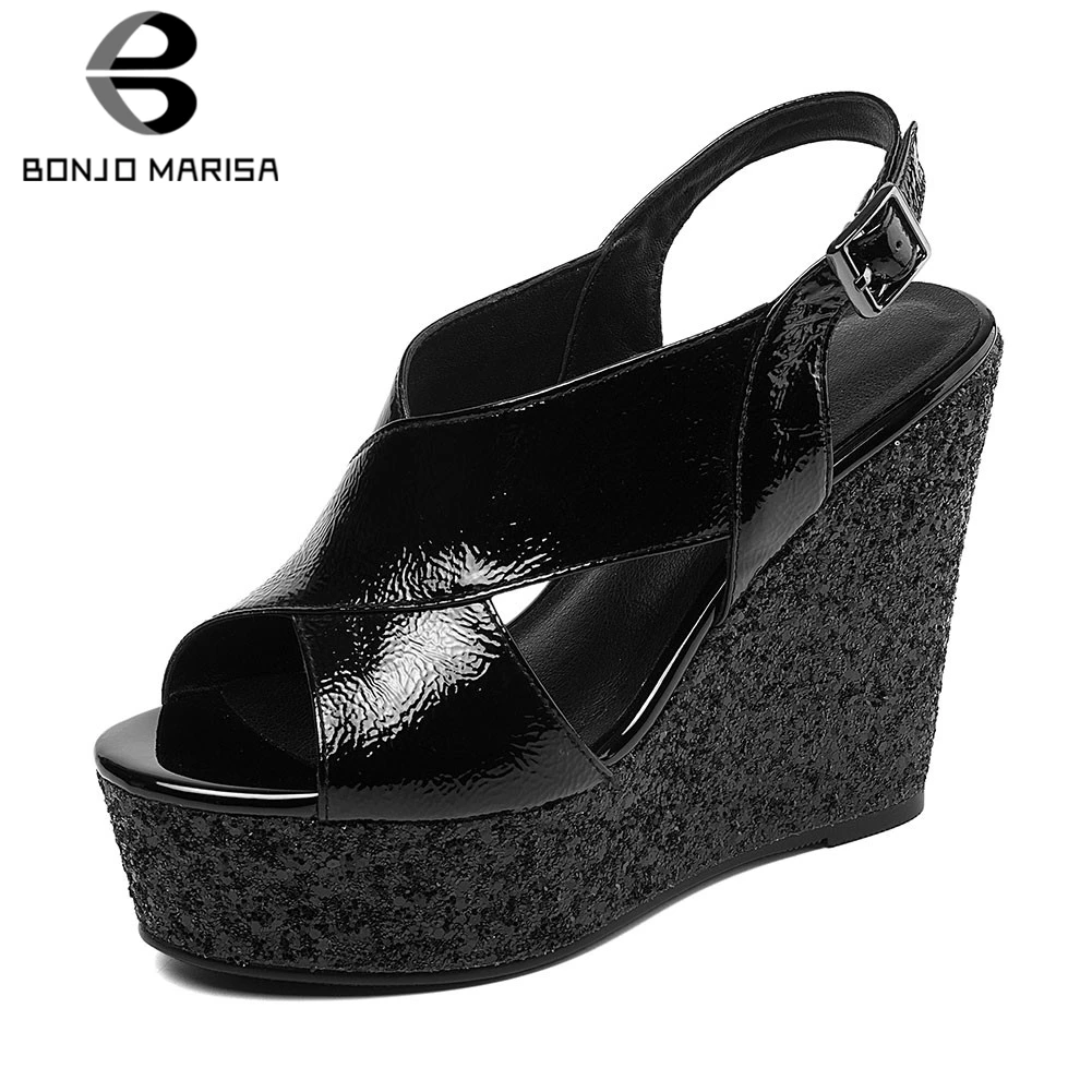 

BONJOMARISA Brand New Ladies Wedges High Heels women's Patent Genuine Leather Platform Shoes Woman Casual Office Summer Sandals
