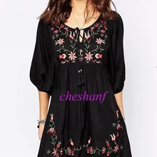 Винтажное этническое свободное мини-платье трапециевидной формы с цветочной вышивкой, пуловер с круглым вырезом и рукавами-фонариками для женщин, 2 цвета