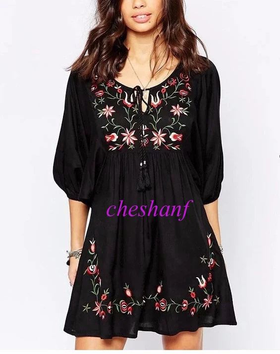 

Vintage Ethnic Embroidery Floral Pattern Loose A-Line Mini Dress Tie Neck O-Neck Pullover Half Puff Sleeve Women femme 2 Colors