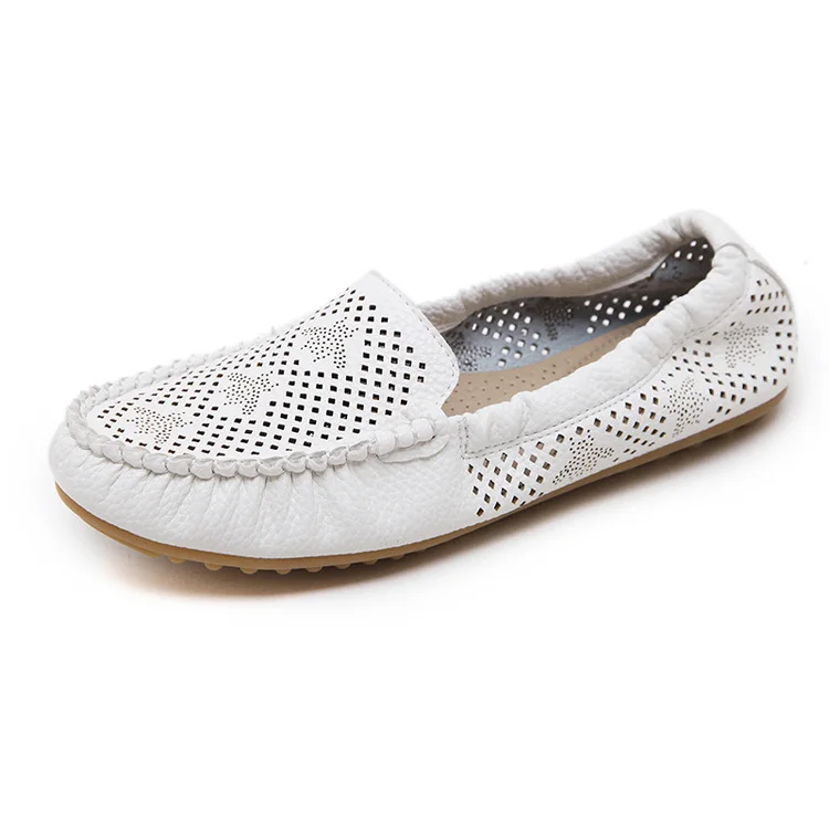 Woman Loafers PU Leather Shoes for Mother Flat with Sewing Summer Women's White Shoes Breathable Hollow Ballet Flats Black Beige (2)