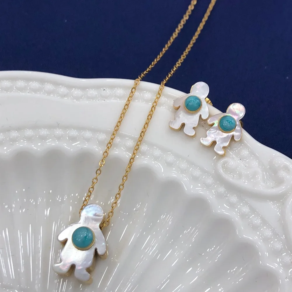 

New ! Luxury Brand Gold Silver Stainless Steel Blue Zircon Boy Pendants Necklace Earrings Exquisite Jewelry Bear For women