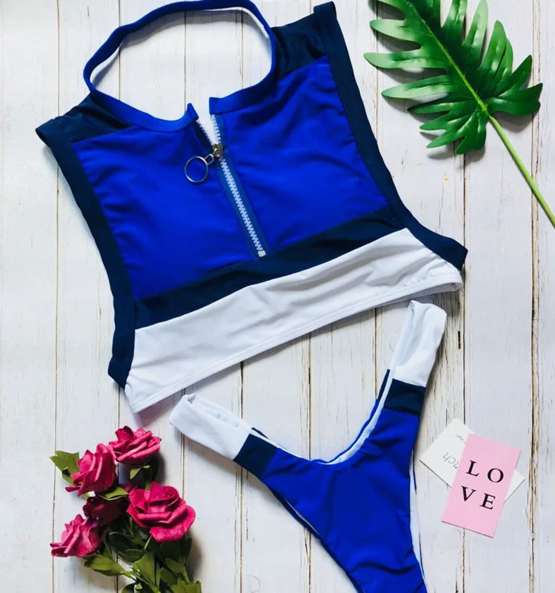 

Women Push-up Padded Bandage Two Piece Zipper Bikini Set Swimsuit Triangle Swimwear Color Patch Female Bathing suit