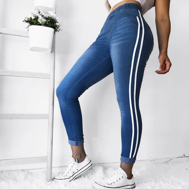 Women Winter Skinny Elastic Waist Jeans Female Side Stripe
