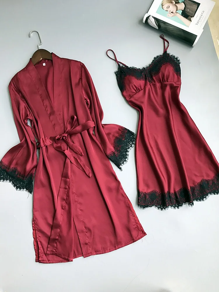 Красный женский Сексуальный Атласный Костюм-двойка, набор халатов с ночнушкой, купальный халат с v-образным вырезом, ночная рубашка, свадебное платье для подружки невесты, кимоно, ночная рубашка