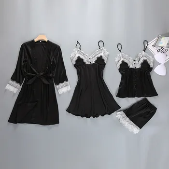 

Sexy Spring Bath Robe Gown Pajamas Sets Woman 4PC Strap Top Pants Suit Sleepwear Casual Home Wear Nightwear Kimono Bathrobe M-XL