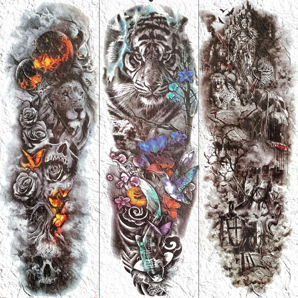 

Full Arm Tiger Flower Tattoos Temporary Men Women Henna Tatoos Birds Soldier Body Leg Art Waterproof Fake Tattoo Paper Stickers
