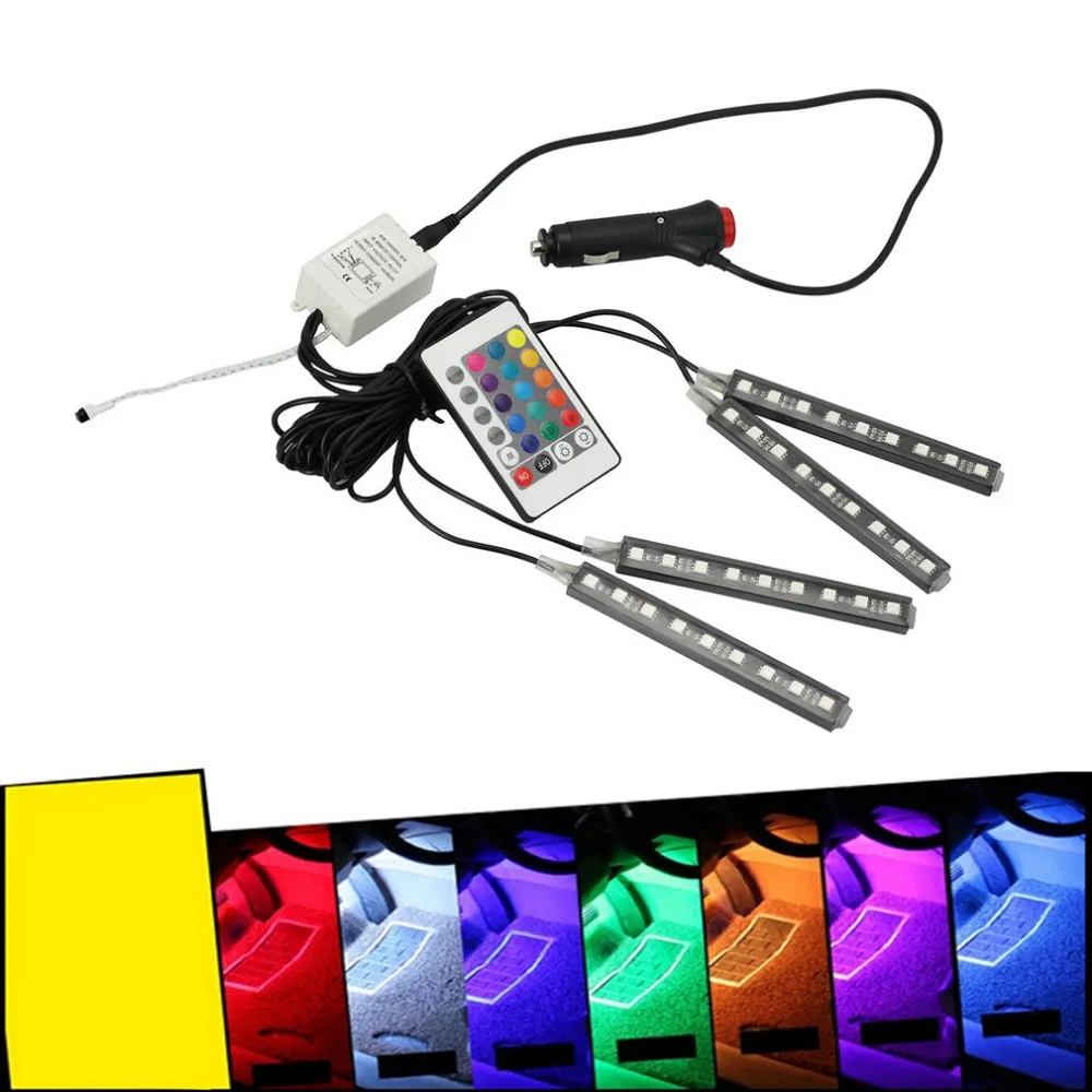 

New 4pcs 9 LED RGB Colorful 7.2W Car Interior Decorative Light Automobile Atmosphere Strip Lamp Car-Styling Remote Controller