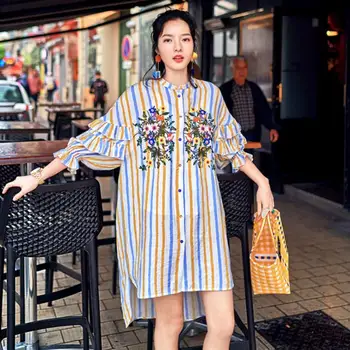 

2019 Fashion Stripe Shirt Dress Embroidery Short Casual Dress Three Quarter Sleeve Elegant Party Dress Vestidos