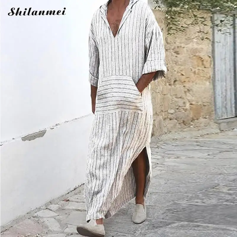 

2019 Jubah Clothing Men White Muslim Islamic Abayas Arab Kaftan Hooded Striped Long Sleeve Robe Loose Casual Pockets Muslim