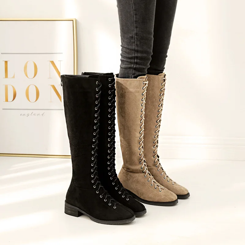 

Round Toe Flock Fashion Low Square Heel Over-the-Knee Long Boots for Women Casual Lace-Up Autumn Winter Boots Shoes