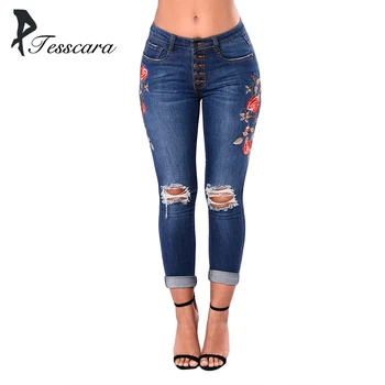

Women Skinny Slim Pencil Jeans Female Hole Embroidery Flower Fashion Pants Lady Low Waist Trousers Girl Plus Size Casual Bottom