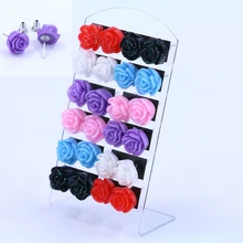Factory Hot Selling Korea Design Cheap Resin Rose Flower Stud Earring Small Colorful Plastic Ear Studs 12pairs/lot