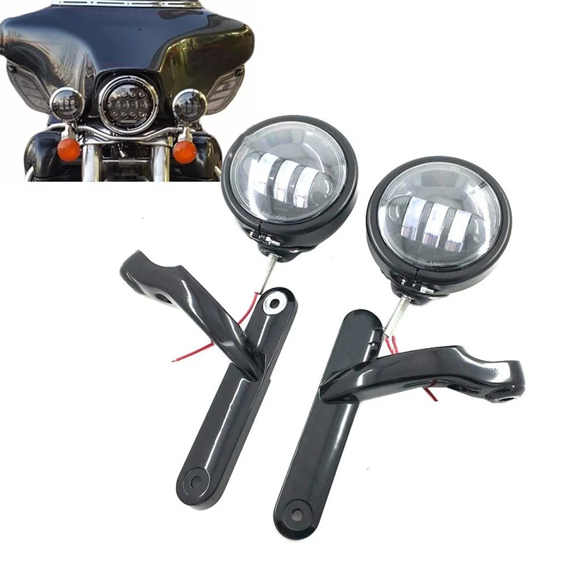 Black Led Passing Fog Lights With 4.5 inch Housing Bucket and Mounting Brackets For Harley Street Glide