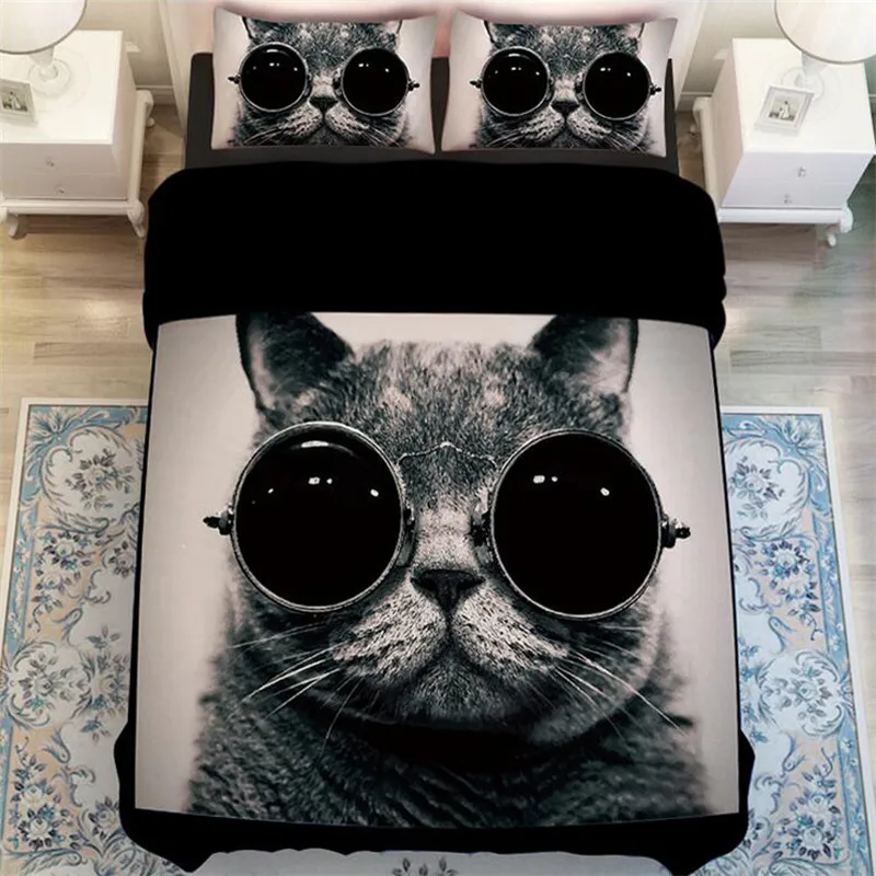 

3D Animal King Size Duvet Cover Set With Pillowcases Cat Pattern Bedding Set Queen Size White And Black Color Bed Ropa De Cama