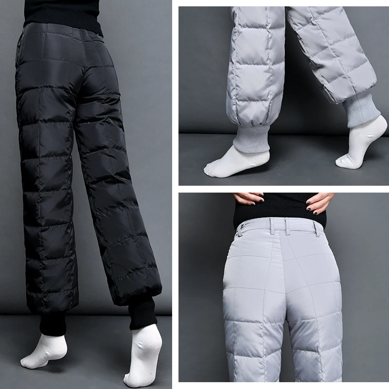 Теплые женские брюки, зима, новые зимние штаны для женщин, серые, черные, с высокой талией, на утином пуху, штаны для женщин, плотные, 1006-138