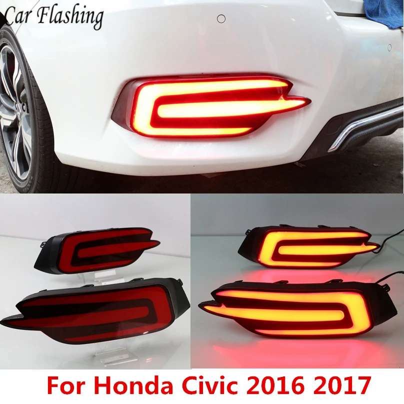 

Car Flashing 1pair For Honda Civic 2016 2017 2018 2019 Multi-function LED Reflector Rear Fog Lamp Rear Bumper Light Brake Lights