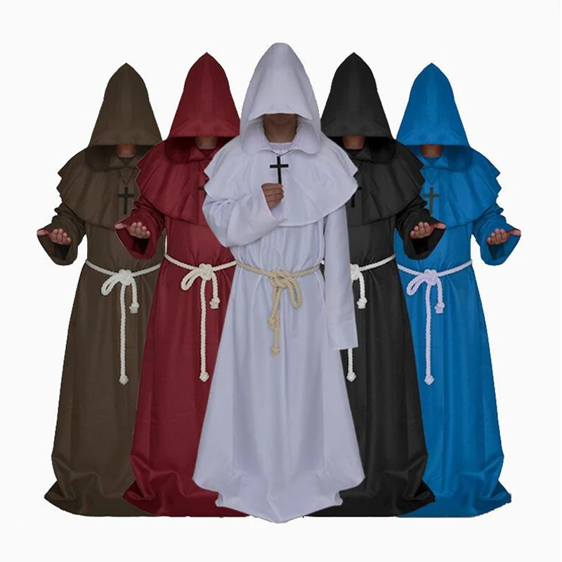 5 цветов пастор Косплей Костюм Средневековый Ренессанс оснащение для Хэллоуина монах халат мужской монах плащ