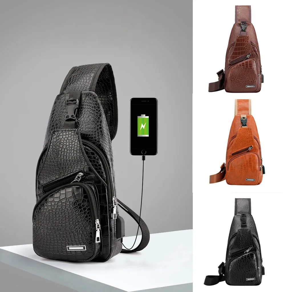 

shoulder bags for men messenger bags Mens Diagonal Crocodile Pattern Sports Usb Chest Bag Outdoor Package schoudertas
