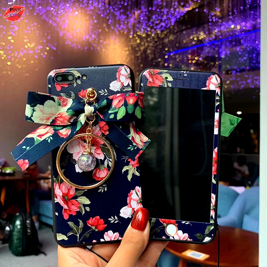 PINK LIPS Brand For iPhone XS Max XR 3D flower Case +Tempered Glass Screen film Cartoon Floral case for iPhone 6 6S 6 7 7plus 10 (8)