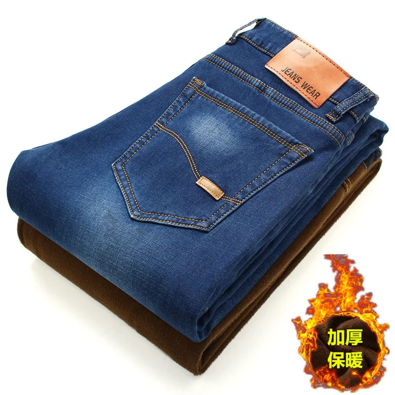 2019 Newly blue Color Smart Casual Winter Jeans For Men Fashion Simple Velvet Warm Jeans Men Thick Fleece Pants Plush Trousers