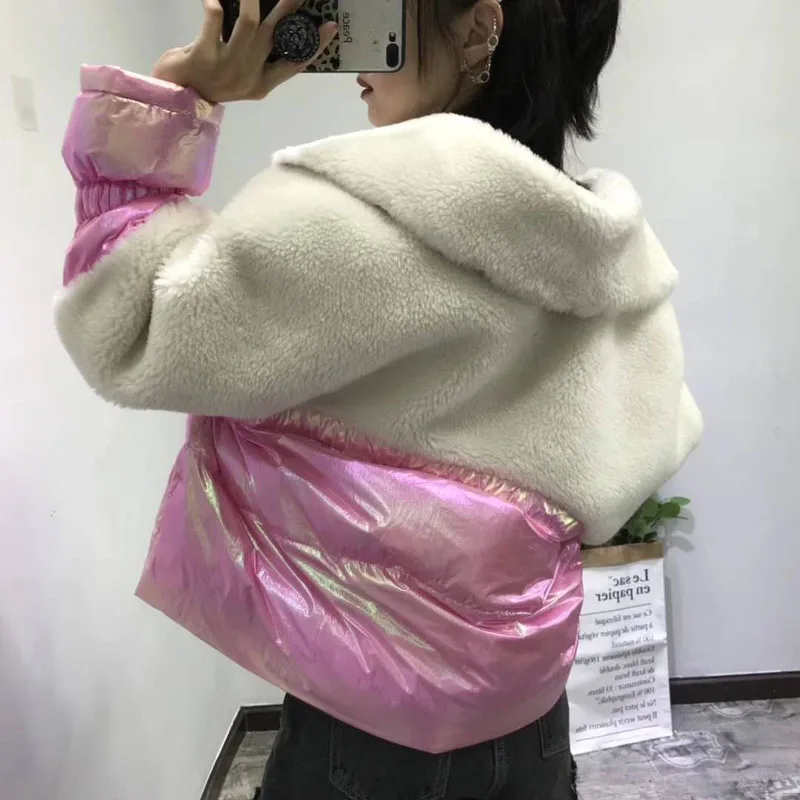 women winter clothing duck down jacket Suit collar 2019 korean harajuku real sheep fur coat wool fur parka patchwork coats